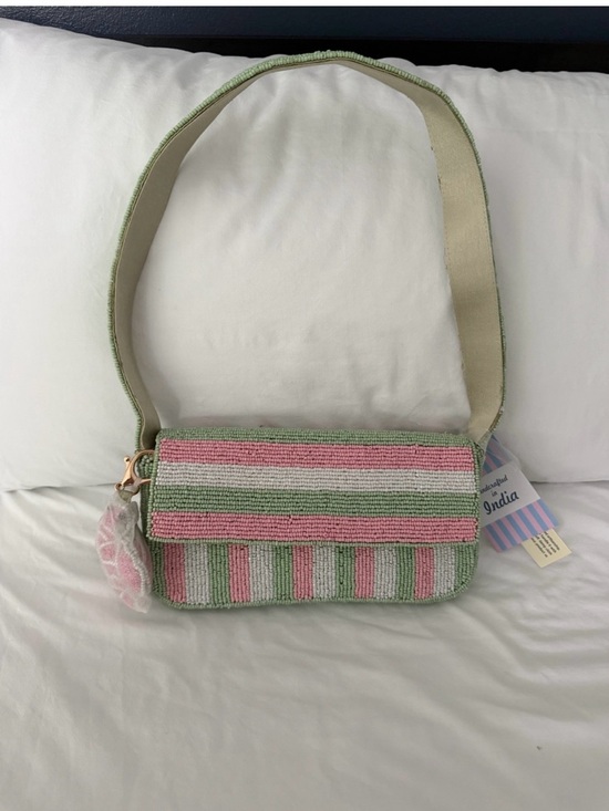 Handbags - Striped Pastel Beaded Shoulder Bag - Green & Pink with Turtle Charm